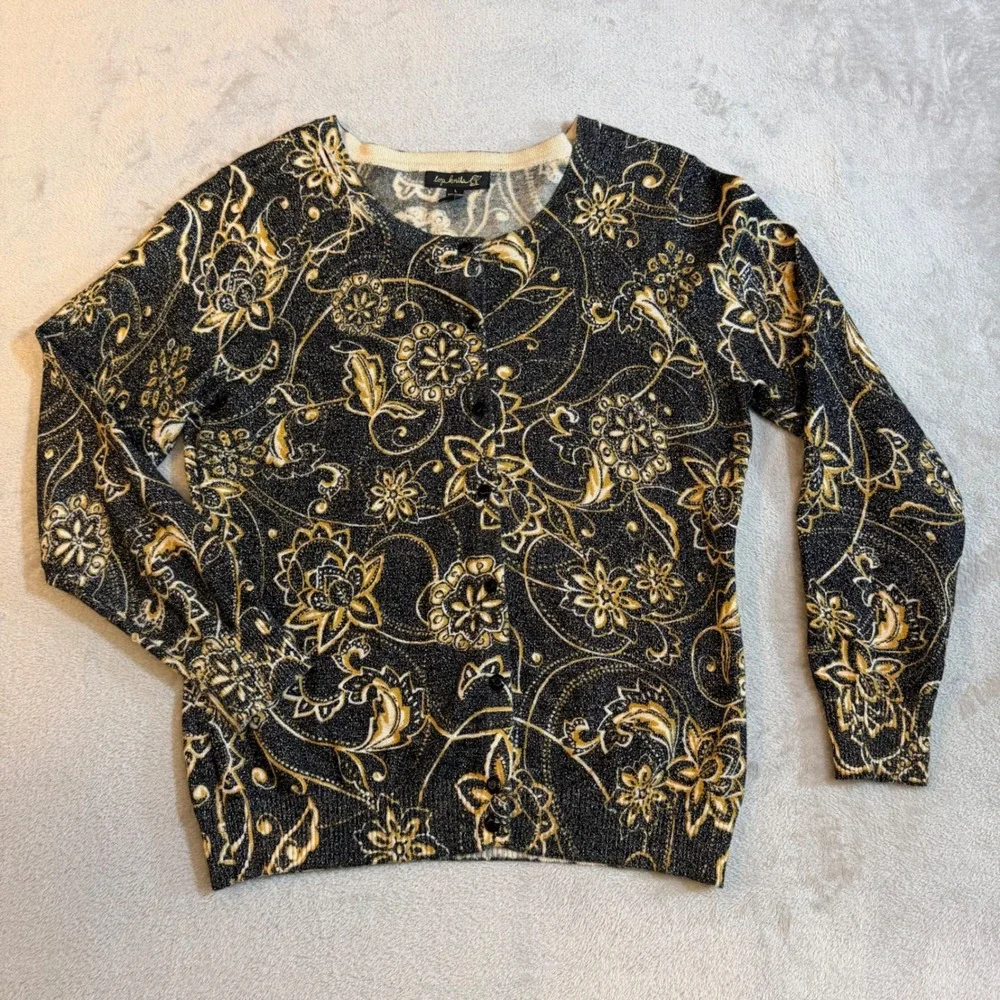 Whimsygoth Womens Metallic Floral Paisley Cardigan Sweater Black Gold Silver‎ L
